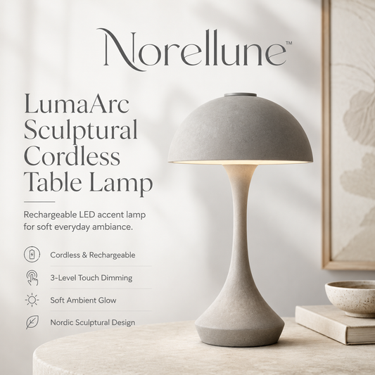 Norellune™ LumaArc Sculptural Cordless Table Lamp – Rechargeable LED Accent Light, Dimmable Nordic Bedside Lamp