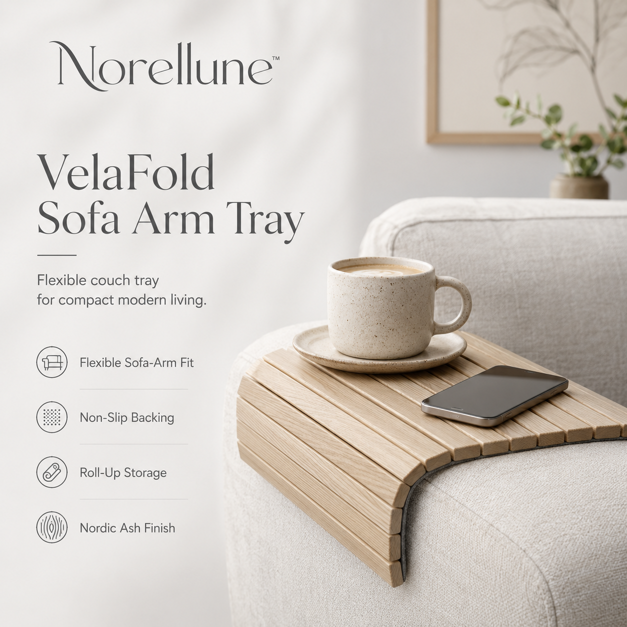 Norellune™ VelaFold Sofa Arm Tray – Flexible Wooden Couch Table, Non-Slip Remote and Drink Organizer