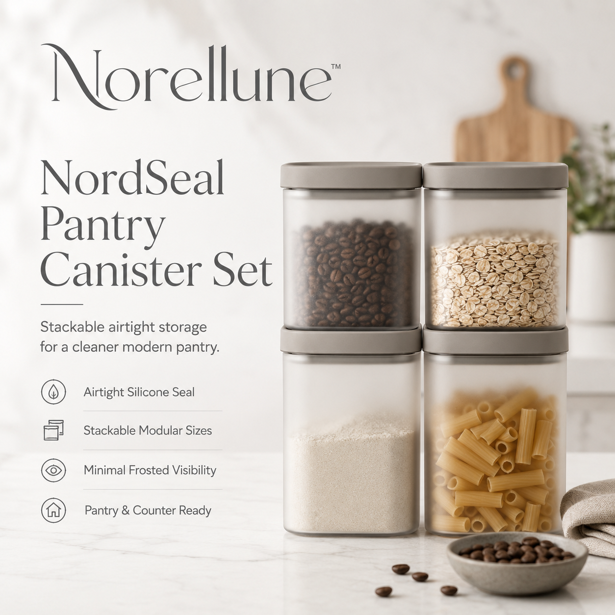 Norellune™ NordSeal Airtight Pantry Canister Set – Stackable Nordic Kitchen Food Storage Containers