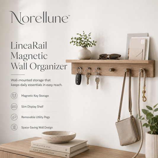 Norellune™ LineaRail Magnetic Wall Organizer – Wooden Key Holder, Mail Shelf and Entryway Hook Rack
